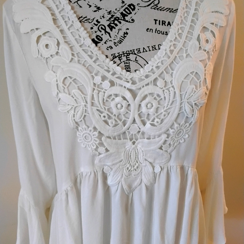 White Peasant Blouse with Bell Sleeves Embroidered Boho Tunic- XL